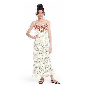 RIXO Polka Dot Sleeveless Ruffle Slip Dress
